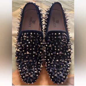 Ferucci Men's Black Suede Leather Gold Spiked Unique Dress Loafers Size 8